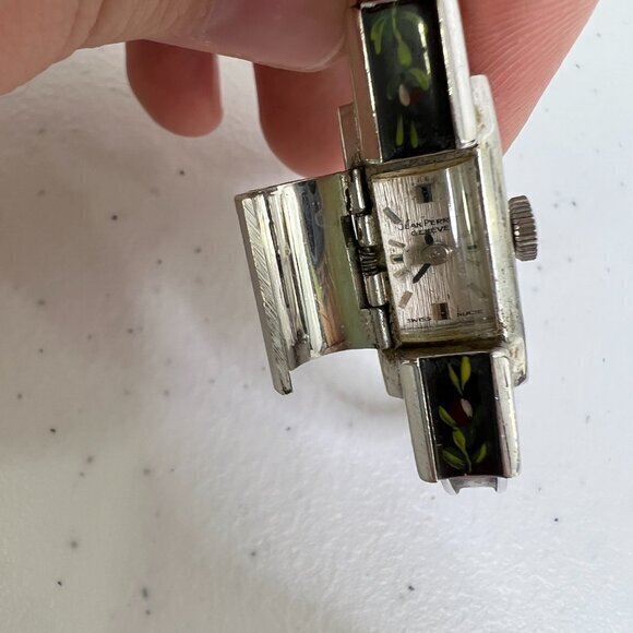 Jean Perret Geneve Enameled Watch Bracelet Black Floral Silver Tone Cuff Vintage main image 4
